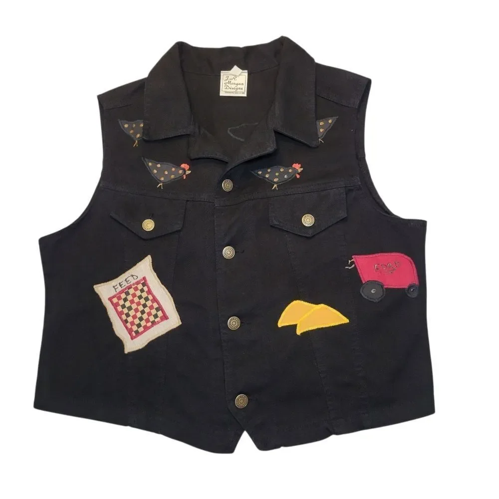 Vintage 80s Black Denim Vest with Embroidered Patches Chickens Farmcore - Picture 2 of 16